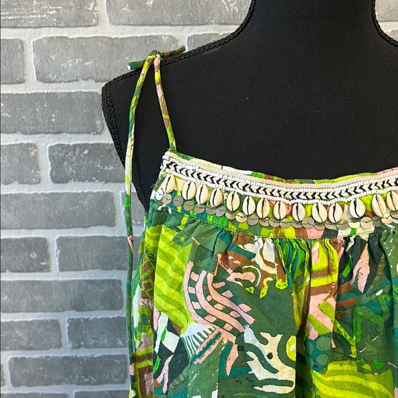 Haute Hippie Top Womens XL Safari 100% Cotton Green Seashell Beaded Bohemian - Picture 2 of 12